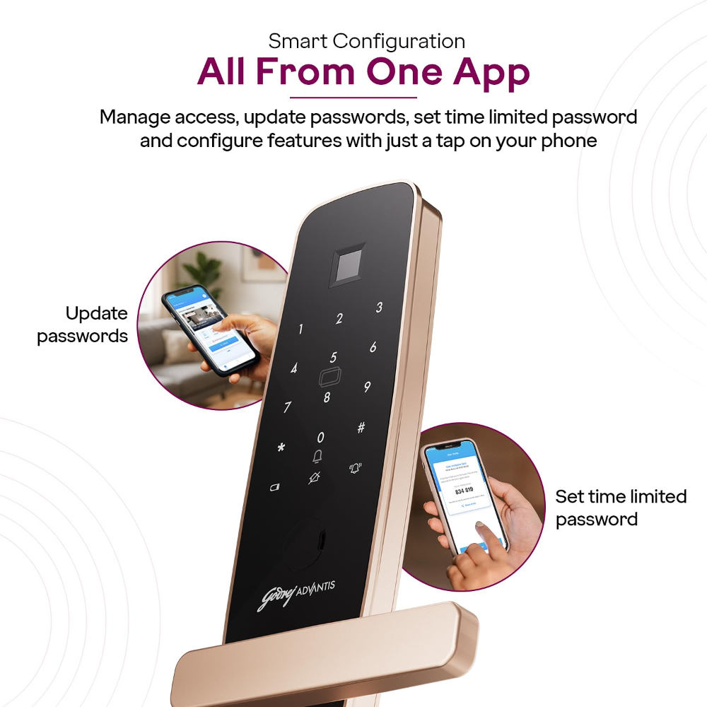 Godrej Smart Lock | Made in India Digital Lock for Main Door I Advanced & Highly Secure|9 in 1 Access|NFC,Smart Watch,BLE Remote,Wi-Fi,Fingerprint | Rose Gold I 3Yr Warranty 